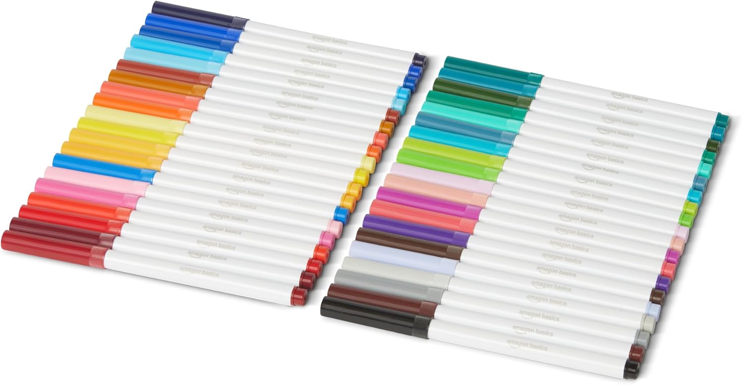 Amazon Basics markers in assorted colors on a white background