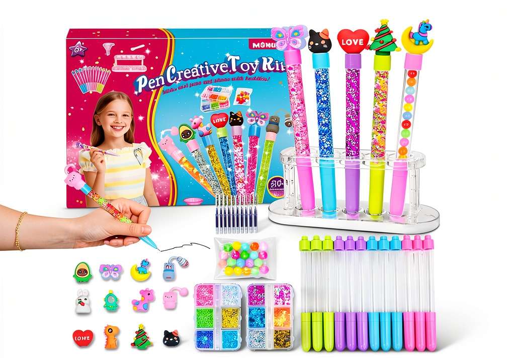Kids assembling MOMUSE DIY Glitter Pen Craft Kit on a wooden desk