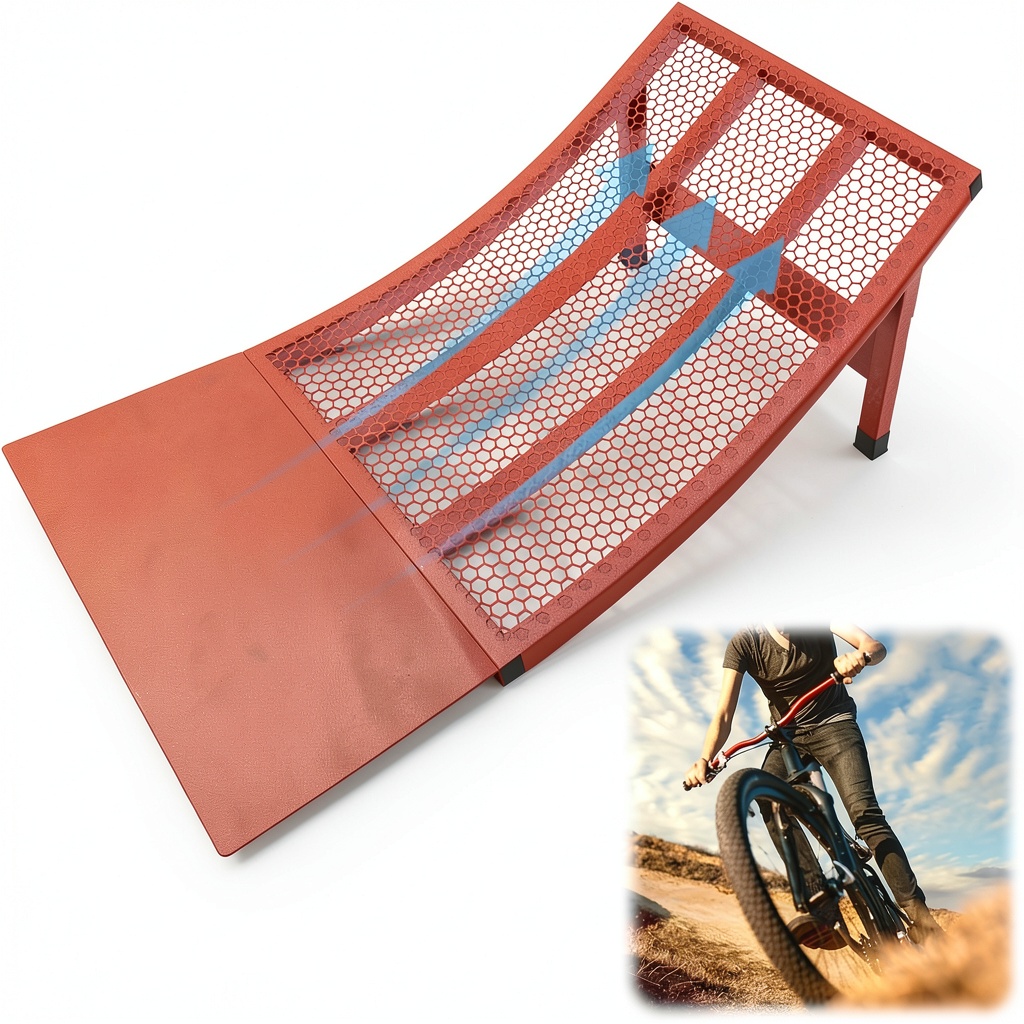 Rider performing a jump on the red iron BMX ramp in a park