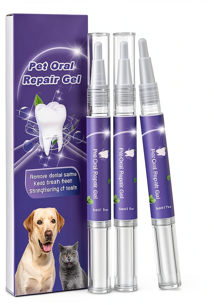 Installing 3Pcs Pet Oral Repair Gel, Pet Oral Restoration Whitening Gel, Pet Teeth Care Gel Cleaner Teeth & Fresher Breath, Without Brushing on a wooden desk